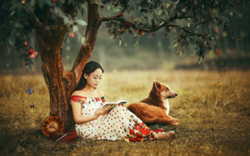 Картинка девушки -unsort+ азиатки собака фон девушка