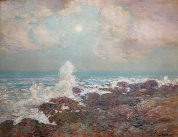 Обои картинки фото seascape isle of shoals, рисованное, frederick childe hassam, берег, прибой, волны, море, луна, тучи, небо