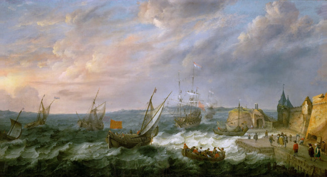 Обои картинки фото adam willaerts, рисованное, живопись, картина, морской, порт, люди, шторм, море, пейзаж