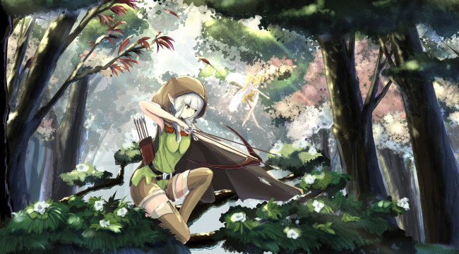 Обои картинки фото аниме, kikivi , artbook, эльы, девушка, dragon's, crown, kikivi, elf, оружие, арт, стрелы, character, лес, tagme