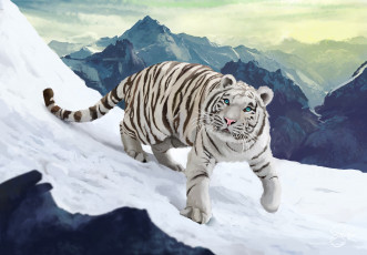 обоя рисованное, животные,  тигры, рисунок, снег, тигр