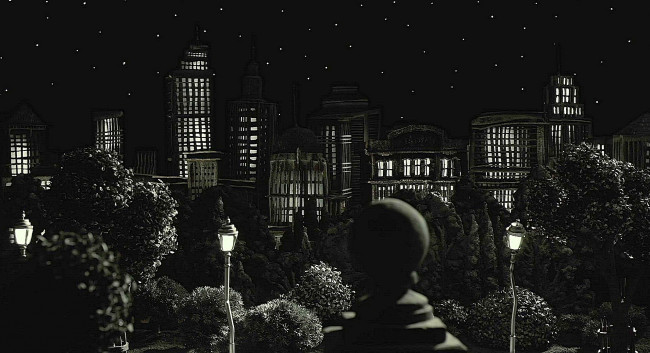 Обои картинки фото рисованное, города, фонарь, ночь, здание, небоскреб, деревья