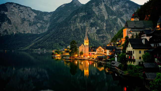 Обои картинки фото города, гальштат , австрия, вечер, горы, озеро