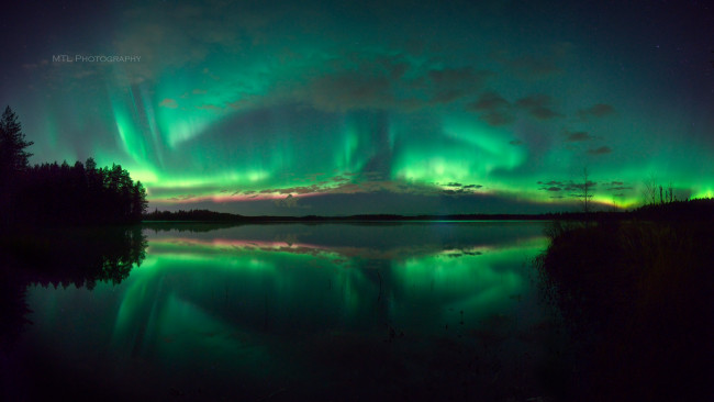 Обои картинки фото природа, северное сияние, озеро, ночь