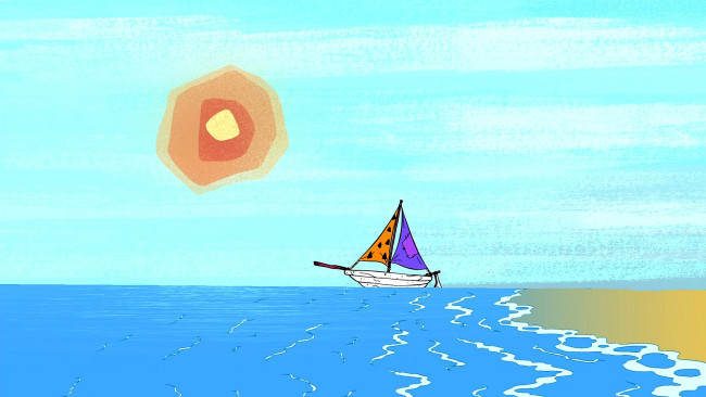 Обои картинки фото рисованное, природа, лодка, море, солнце