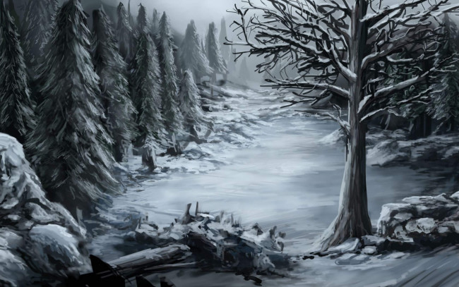 Обои картинки фото рисованное, природа, снег, деревья, лес