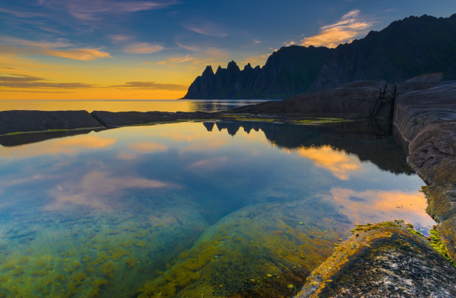Обои картинки фото природа, побережье, море, закат, norway, tungeneset, норвегия, горы