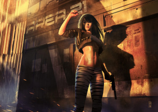 Картинка 3д+графика фантазия+ fantasy взгляд девушка свет поза оружие фантастика волосы sci-fi пресс