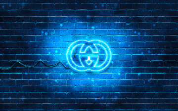 Картинка бренды gucci синий логотип 4k кирпич модные неоновый