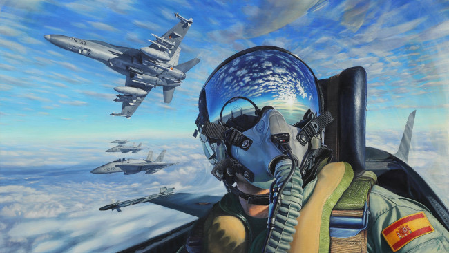 Обои картинки фото рисованное, люди, пилот, шлем, самолет, авиация