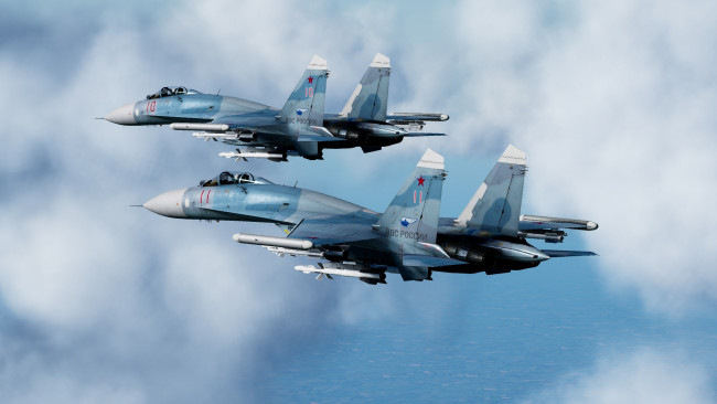 Обои картинки фото су-27, авиация, боевые самолёты, сухой, су27, пара, небо, боевой, вылет, ввс, россии