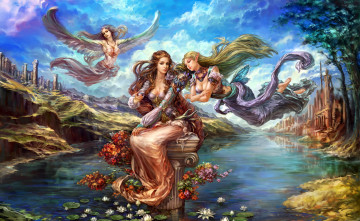 Картинка видео+игры forsaken+world девушки цветы колонны река крылья