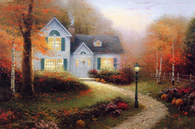 Обои картинки фото thomas, kinkade, рисованные, осень, дом, фонарь, дорожка
