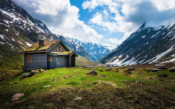 обоя природа, горы, хижина, пейзаж, норвегия, norway