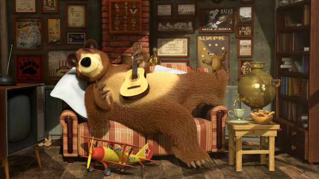 Обои картинки фото мультфильмы, маша, медведь, гитара, самовар