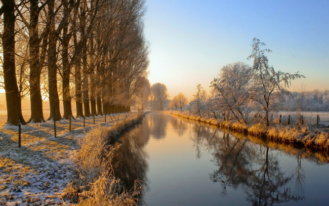 Обои картинки фото природа, реки, озера, германия, germany, niers, river, иней, мороз, река, утро