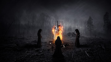 Картинка разное компьютерный дизайн облачения люди горит ведьма ночь лес ритуал трое огонь