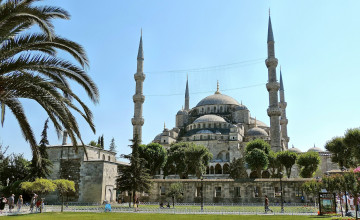 обоя blue, mosque, istanbul, города, стамбул, турция, мечеть, минарет