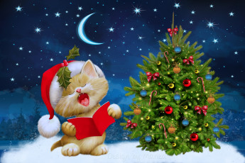 Картинка праздничные рисованные сочельник kitten луна tree night christmas merry новый год design by marika рождество winter snow santa ночь елка зима снег звезды котенок