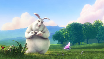 обоя big buck bunny, мультфильмы, - big buck bunny, горы, лес, бабочки, поляна, кролик
