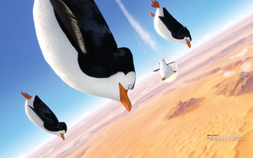 обоя мультфильмы, the penguins of madagascar, полет, пингвины