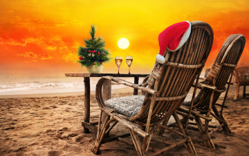 обоя праздничные, - разное , новый год, happy, пляж, c, новым, годом, sea, sand, beach, christmas, new, year, песок, море, закат