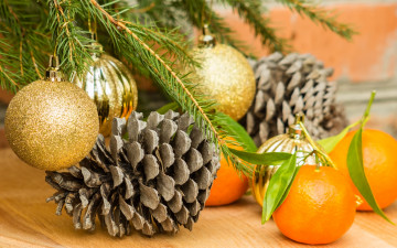 обоя праздничные, угощения, christmas, новый, год, merry, рождество, decoration, шары, апельсины, шишки, елка, украшения