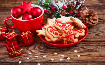 Картинка праздничные угощения merry christmas xmas decoration новый год рождество украшения печенье выпечка шары шишки