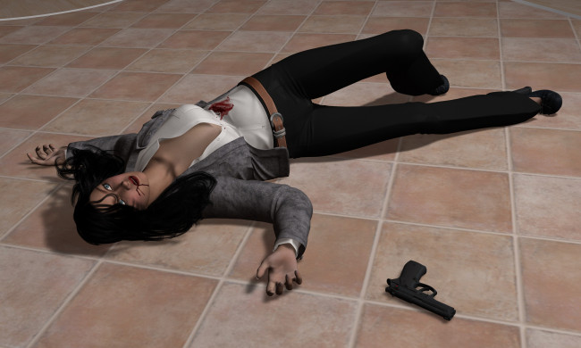 Обои картинки фото she wolf, 3д графика, фантазия , fantasy, пол, ранение, лежит, девушка, оружие