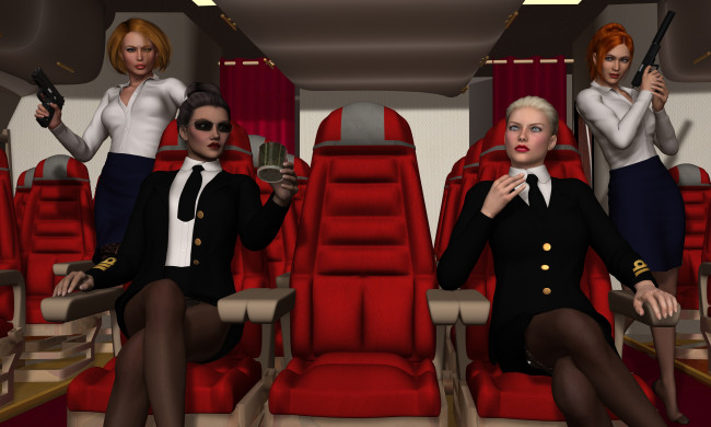Обои картинки фото stewardesses, 3д графика, фантазия , fantasy, оружия, стулья, девушки