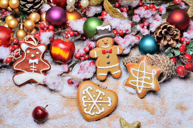 Обои картинки фото праздничные, угощения, merry, шары, украшения, снег, новый, год, decoration, cookies, рождество, xmas, christmas