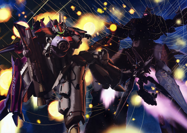 Обои картинки фото аниме, macross frontier, сражение, боевые, роботы, космос, movie, macross, frontier, сила, броня