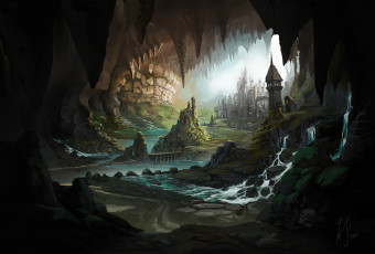 Картинка фэнтези иные+миры +иные+времена пещера река город