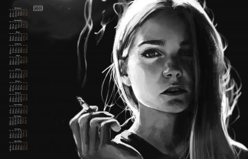 Картинка календари рисованные +векторная+графика 2018 девушка взгляд лицо сигарета
