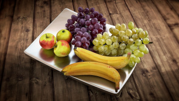 Картинка еда фрукты +ягоды поднос бананы виноград яблоки