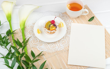 Картинка еда мороженое +десерты чай цветы ветка зелени коала завтрак