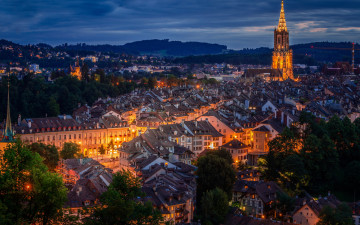 Картинка города берн+ швейцария огни вечер панорама