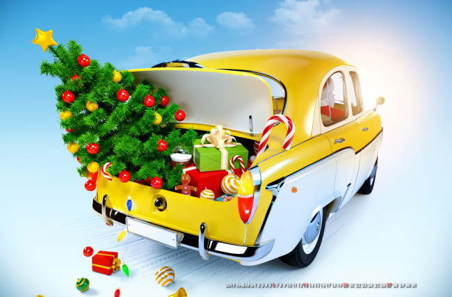 Обои картинки фото календари, праздники,  салюты, автомобиль, шар, игрушка, елка, машина