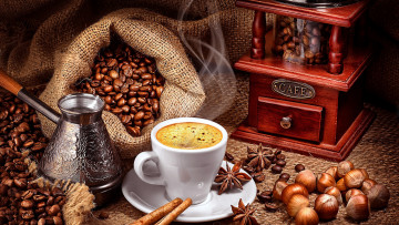 Картинка еда кофе +кофейные+зёрна орехи бадьян корица зерна кофемолка