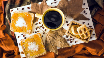 Картинка еда кофе +кофейные+зёрна печенье листья тосты мед