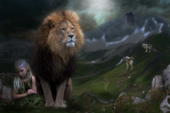 Картинка разное компьютерный+дизайн девочка фон волк лев