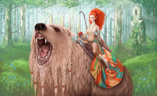 Обои картинки фото видео игры, gothic ii, девушка, фон, езда, медведь, рык, ушки, эльфийка, лук, стрелы, лес