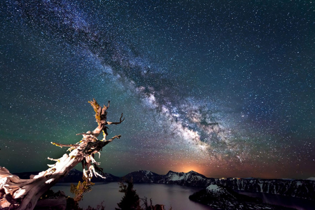 Обои картинки фото природа, реки, озера, небо, звезды, коряга, озеро, горы