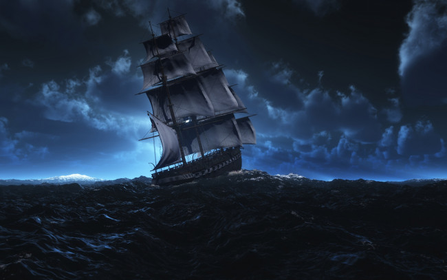 Обои картинки фото корабли, 3d, парусник, шторм, океан, ночь