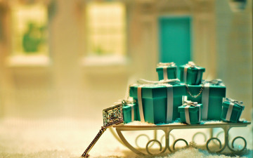 обоя праздничные, подарки и коробочки, саночки, ключ, подарки