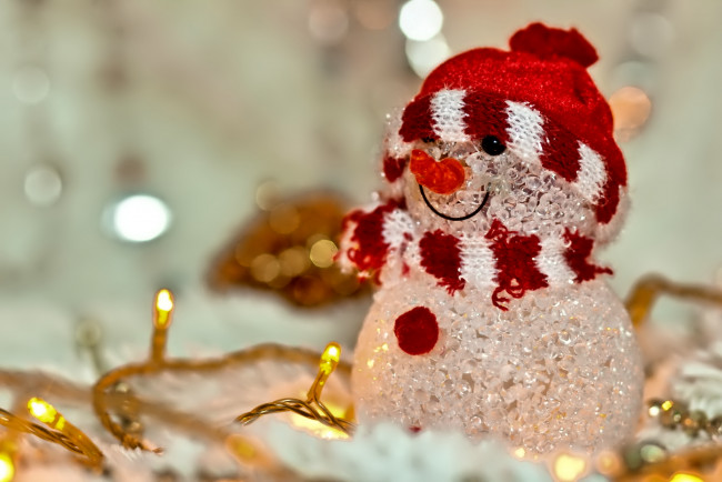 Обои картинки фото праздничные, снеговики, лампочки, снеговик, гирлянда