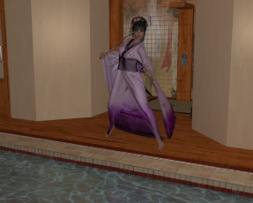 Картинка 3д+графика люди+ people девушка взгляд фон кимоно катанна венок бассейн поза