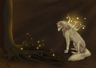 Картинка рисованное животные +волки корни дерево волк