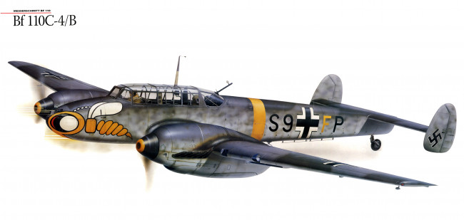 Обои картинки фото авиация, 3д, рисованые, v-graphic, bf-110, c-4, в, бомбардировщик, истребитель