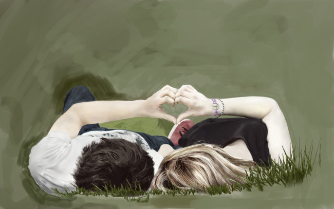Обои картинки фото рисованное, люди, сердце, руки, лежат, парень, девушка, пара, любовь, трава